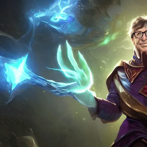 Image similar to portrait of bill gates as a spellcaster, league of legends amazing splashscreen artwork, legends of runeterra, splash art, natural light, elegant, photorealistic facial features, intricate, fantasy, detailed face, atmospheric lighting, anamorphic lens flare, cinematic lighting, league of legends splash art, hd wallpaper, ultra high details by greg rutkowski