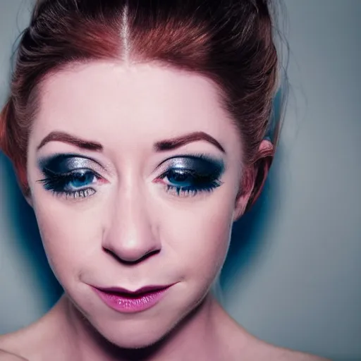 Image similar to a fashion photo portrait of a young Alyson Hannigan, full makup, smokey eye, medium shot. In the style of Helmut newton, robert maplethorpe, Stefano Brunesci, Lachlan Bailey, Herb Ritts, Ellen Von Unwerth, Haris Nukem, Sardax, Annie Leibovitz. detailed photo, hd, 4k, trending on artstation, 35mm, f1.8