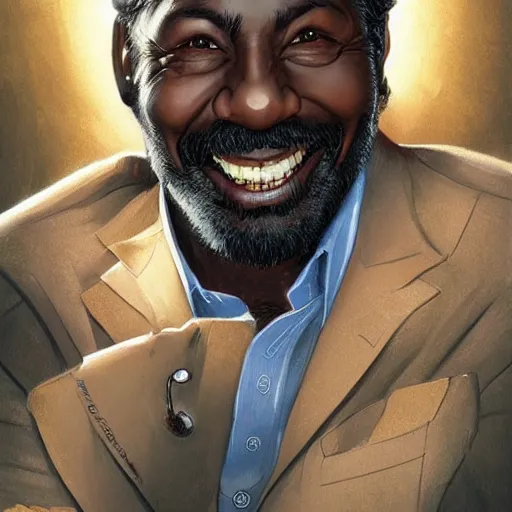 Image similar to portrait of a treasure hunter, dark skinned, grizzled man smiling brightly, in his 5 0 s with dark hair and sharp cheekbones, dressed in expensive clothes, detailed face, smooth, sharp focus, graphic novel, art by artgerm and greg rutkowski and pepe larraz,