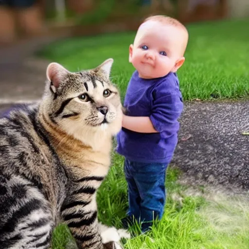 Image similar to a baby sitting on a giant cat