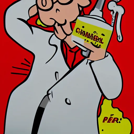 Image similar to a burning chemist in a white coat, modern pop art