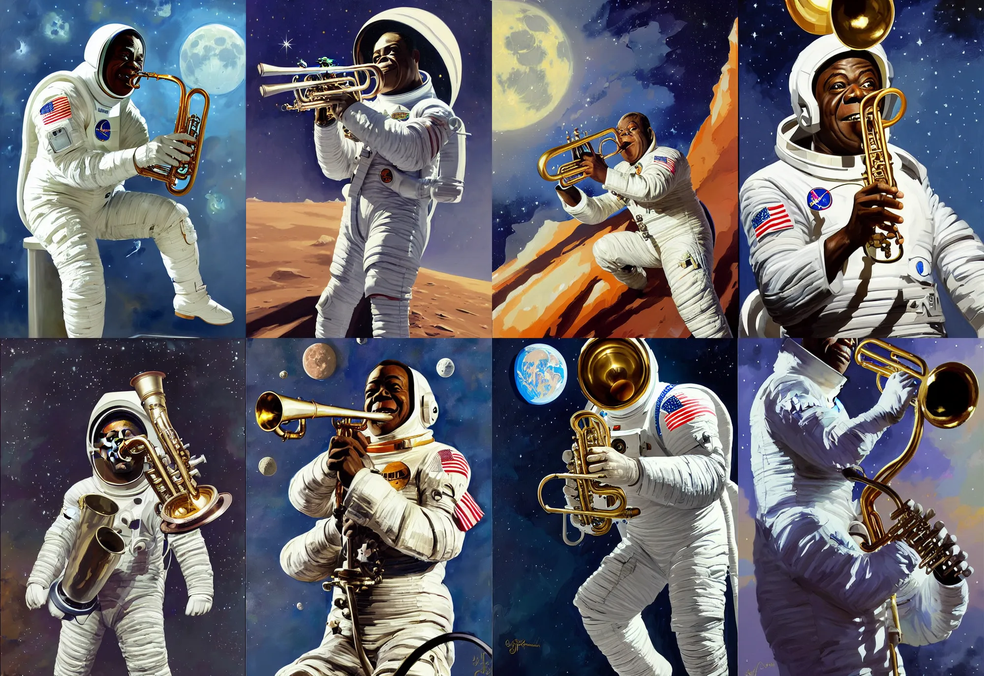 Prompt: a portrait of louis armstrong wearing a space suit on the moon, dropping a trumpet, by greg manchess and john singer sargent and jonathan yeo, dramatic lighting, highly detailed digital painting