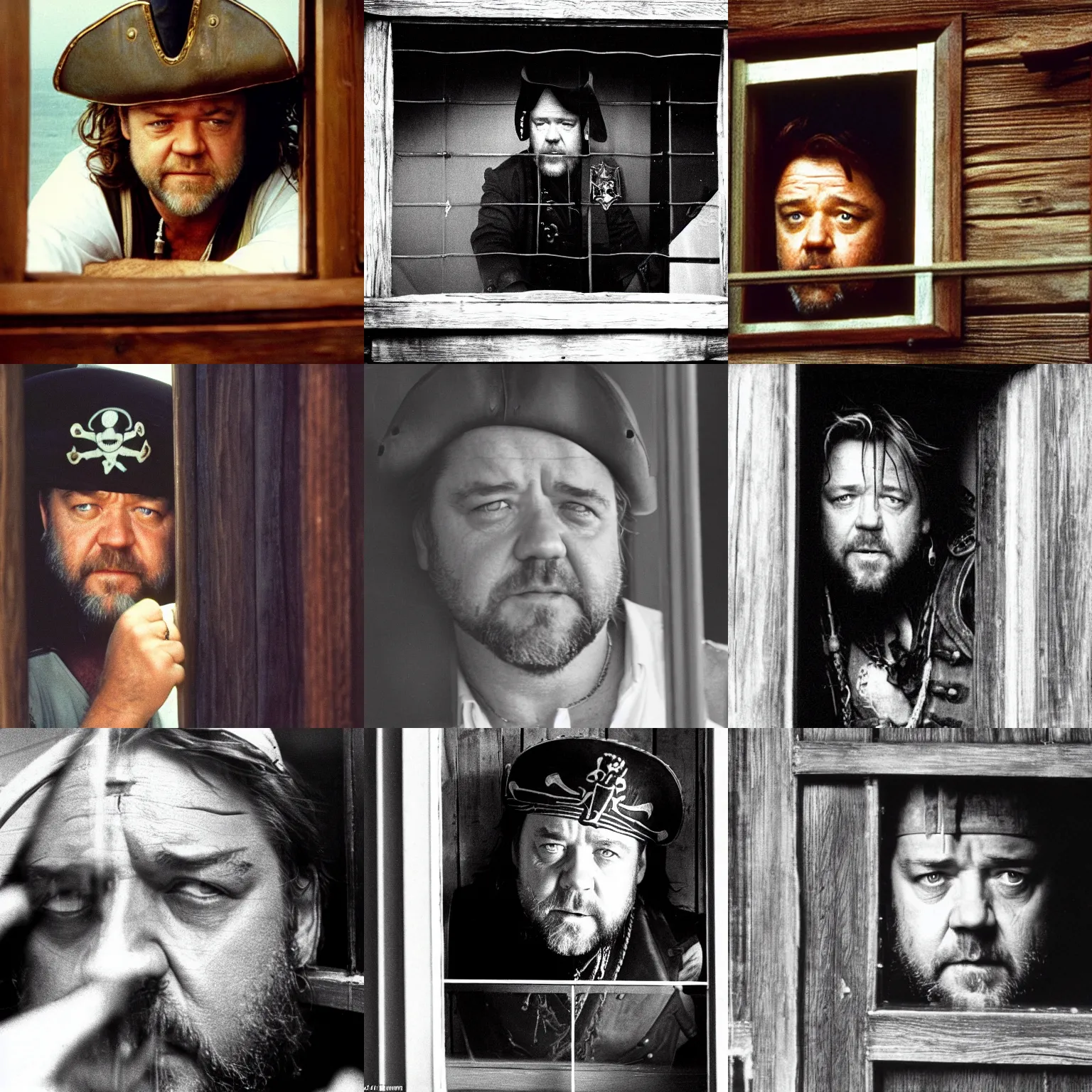 Prompt: russell crowe with large wide pirate captain hat peering out concerned down to camera from a small glass window in a wooden wall, 1 9 9 0