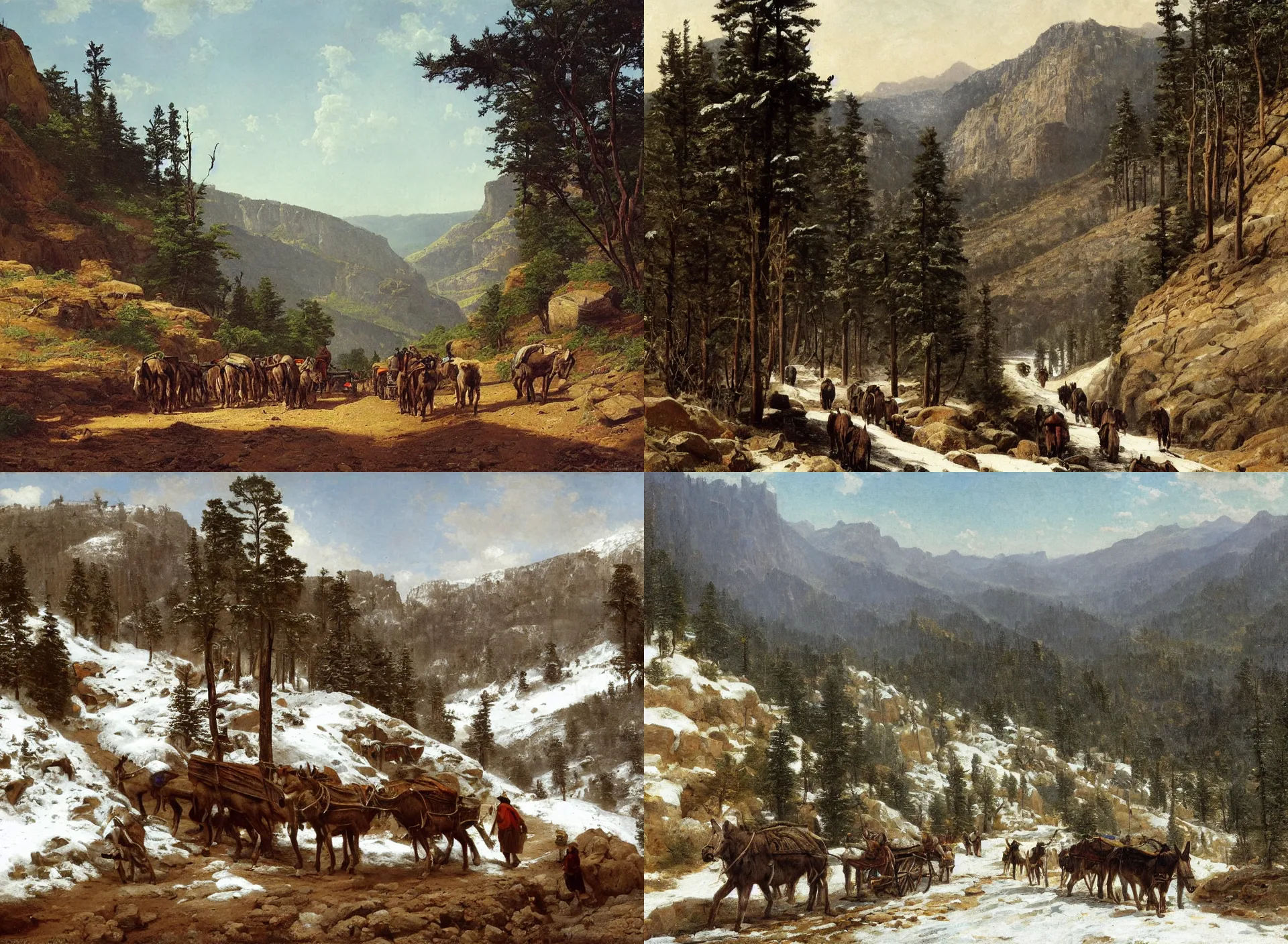 Prompt: miners walking in front of a donkey pulling a cart through a mountain pass, next to river, steep cliffs, dusting of snow, pine forest, rail tracks, mine cart, albert bierdstadt