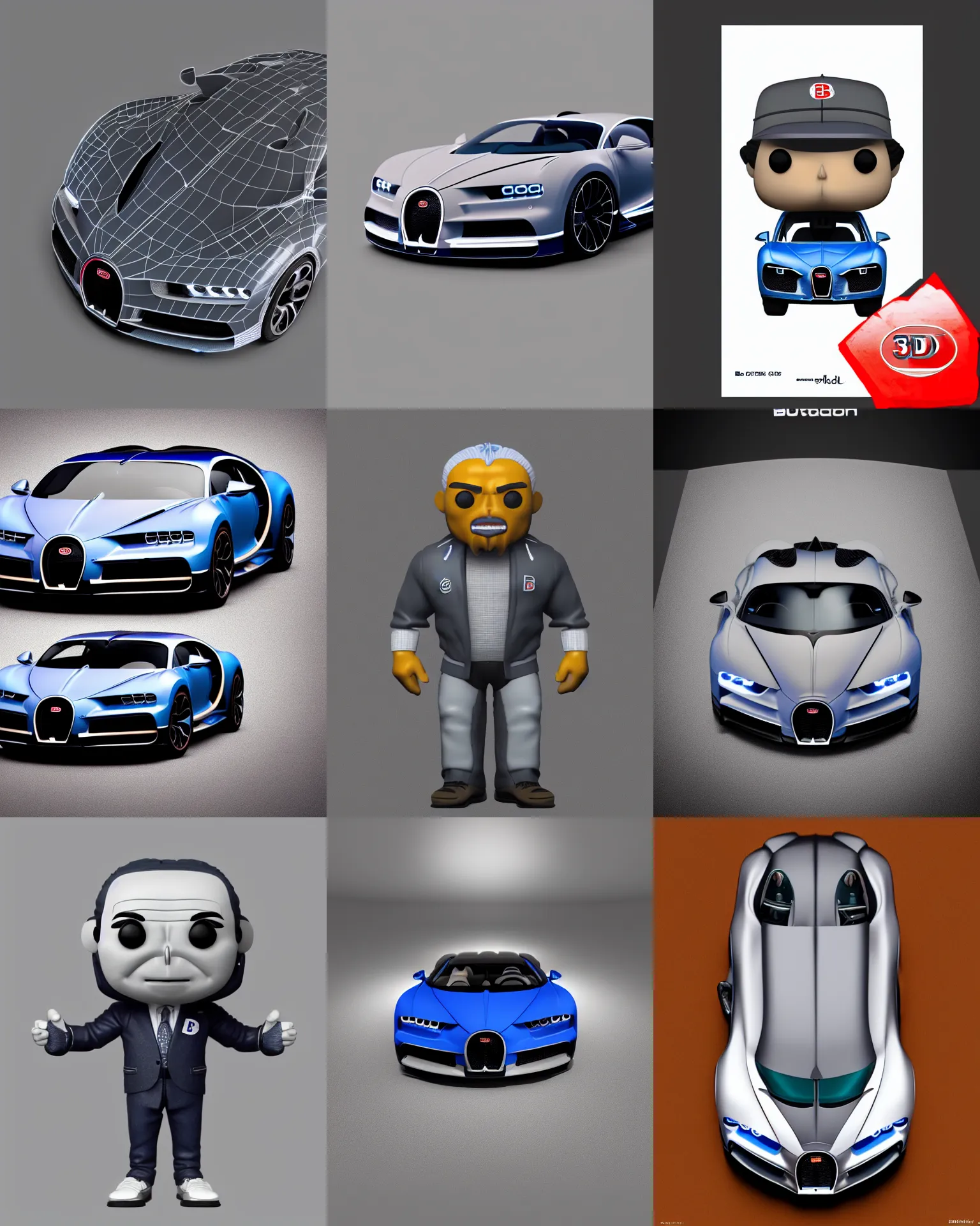 Prompt: full body 3 d render of bugatti chiron as a funko pop!, studio lighting, grey background, single body, no shadow, blender, trending on artstation, 8 k, highly detailed