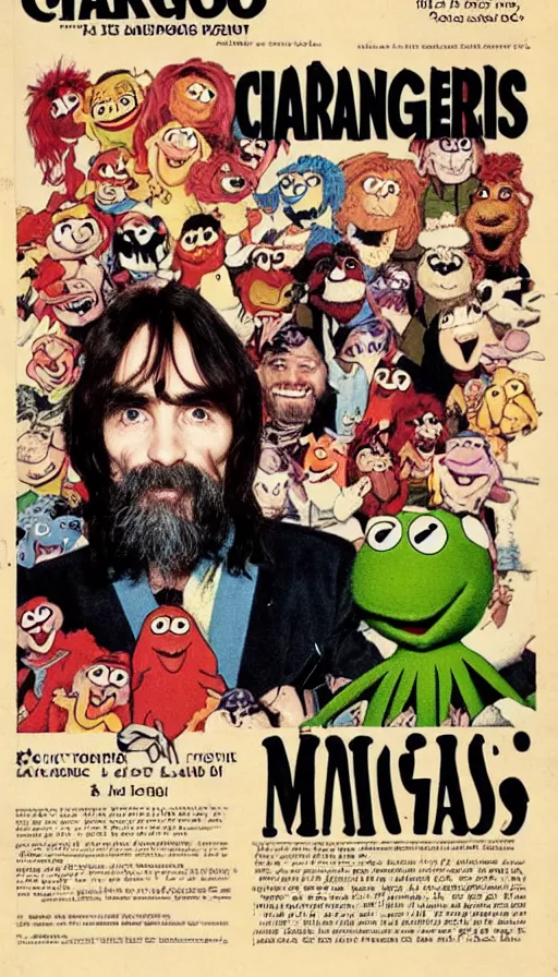 Image similar to vintage magazine advertisement depicting charles manson hosting the muppet show