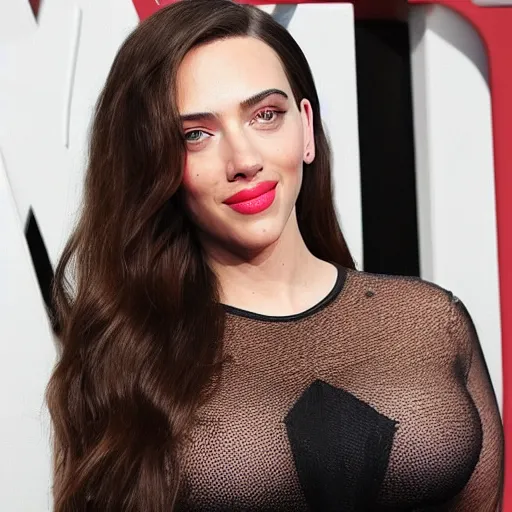 Image similar to a woman who is a genetic combination of kim kardashian and kat dennings and scarlett johansson and margot robbie and emma watson, face and upper - body focus