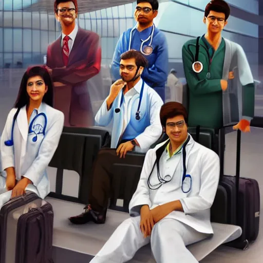 Prompt: Anxious good looking young Indian doctors in American clothes waiting at an airport, by Feng Zhu, highly detailed, excellent composition, cinematic concept art, dramatic lighting, trending on ArtStation