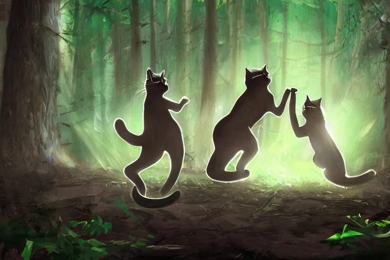 Prompt: two cats fighting in the dark forest, dramatic, backlighting, trending on artstation, digital art, trending on furaffinity, by wayne mcloughlin