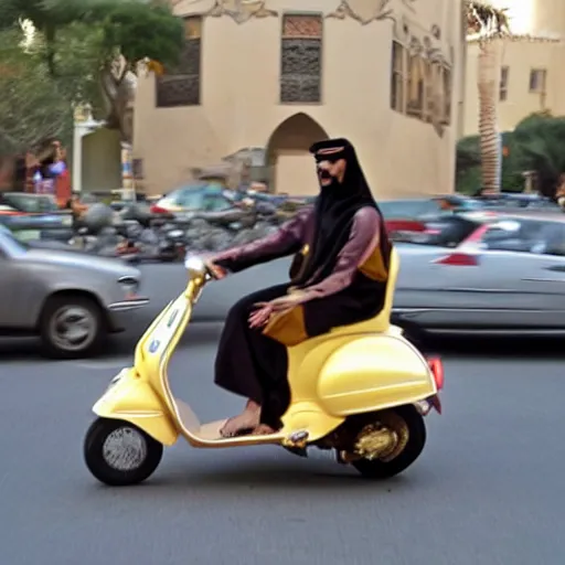 Prompt: a rich arab prince riding a gold plated vespa in heavy traffic