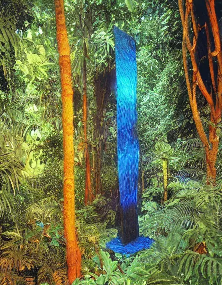 Prompt: vintage color photo of a giant 1 1 0 million years old abstract sculpture made of light covered by the jungle vines