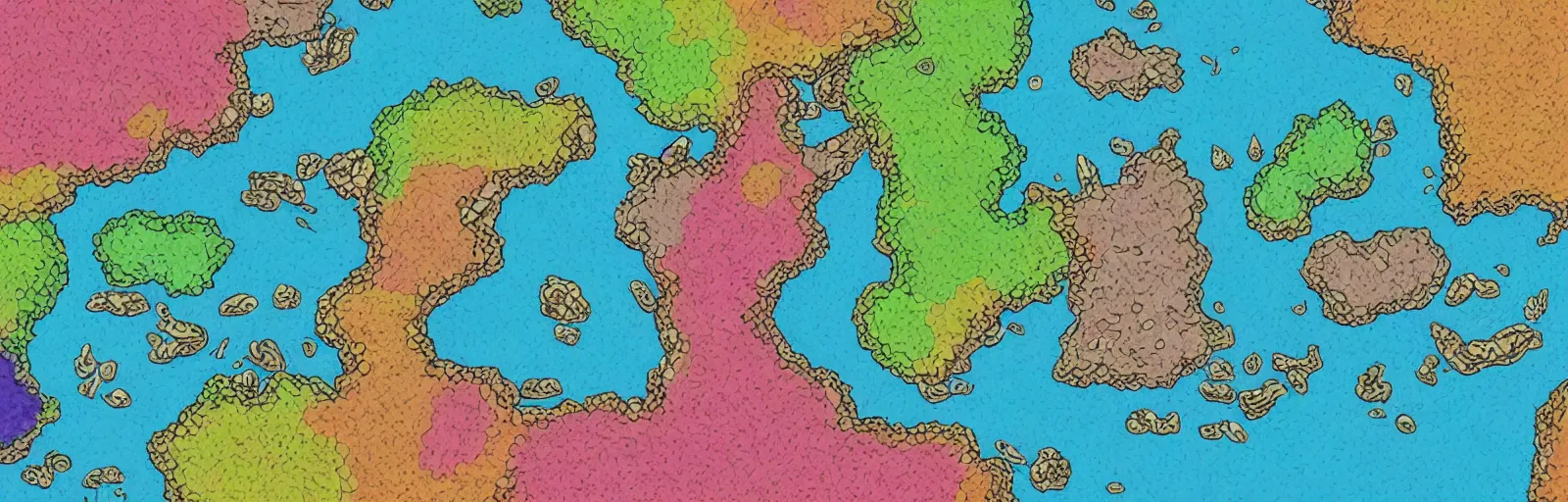 Prompt: a rpg map divided into colored regions surrounded by ocean, flat colors and strokes