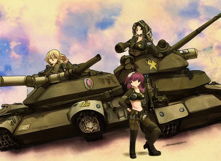 Image similar to female tank crew posing triumphantly next to their tank, anime, trending on pixiv