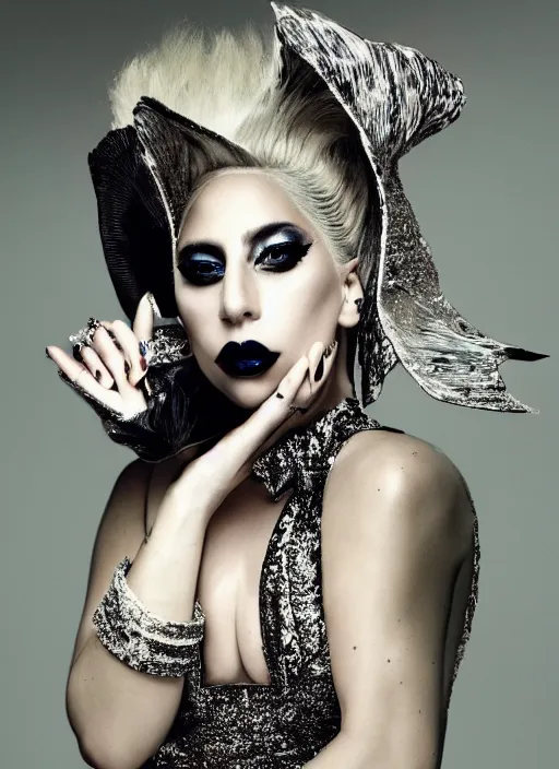 Prompt: lady gaga styled by nick knight posing, high fashion themed, archive pieces, beautiful face, vogue magazine, highly realistic. high resolution. highly detailed. dramatic. 8 k. 4 k.