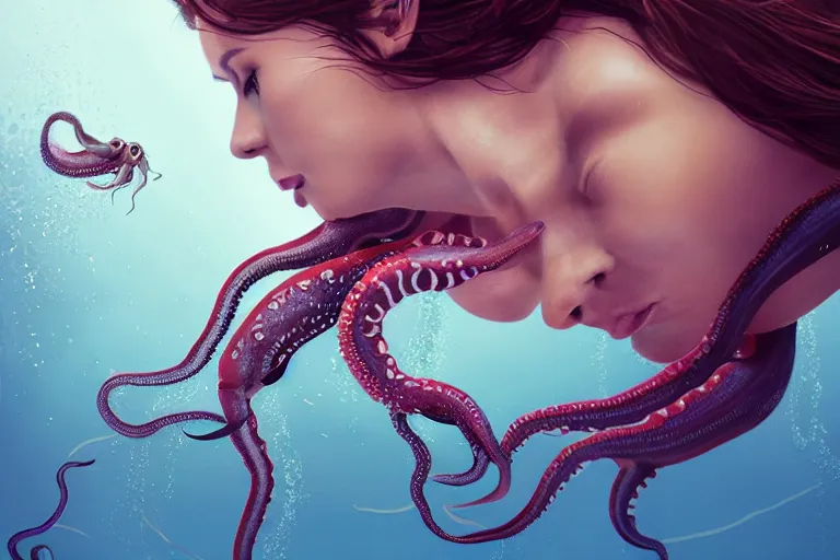 Image similar to long shot photo woman swimming with squids, highly detailed, photorealistic, reflections, smooth, sharp focus, concept art, illustration, beautiful, geometric, trending on artstation, cinematic, featured on behance , artwork by WLOP and Tran, Ross