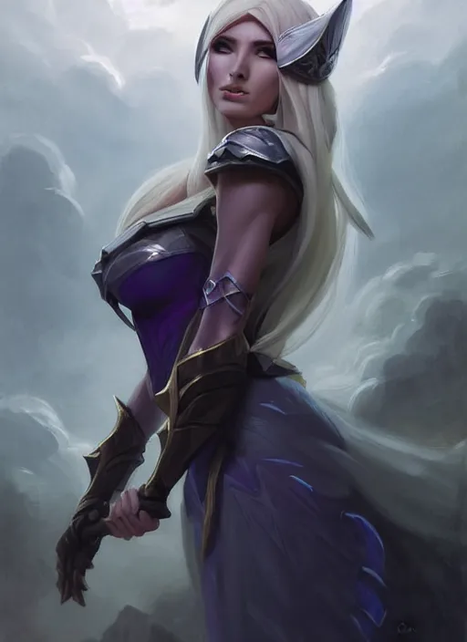 Image similar to portrait of mage Syndra from League of Legends, countryside, calm, fantasy character portrait, dynamic pose, above view, sunny day, thunder clouds in the sky, artwork by Jeremy Lipkin and Giuseppe Dangelico Pino and Michael Garmash and Rob Rey, very coherent asymmetrical artwork, sharp edges, perfect face, simple form, 100mm