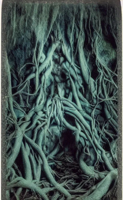 Prompt: blue vines in a dark cave forming a human face, creepy, extreme detail, realistic, polaroid color photo, vintage, stunning 8 k, neutral colors, by gregory crewdson