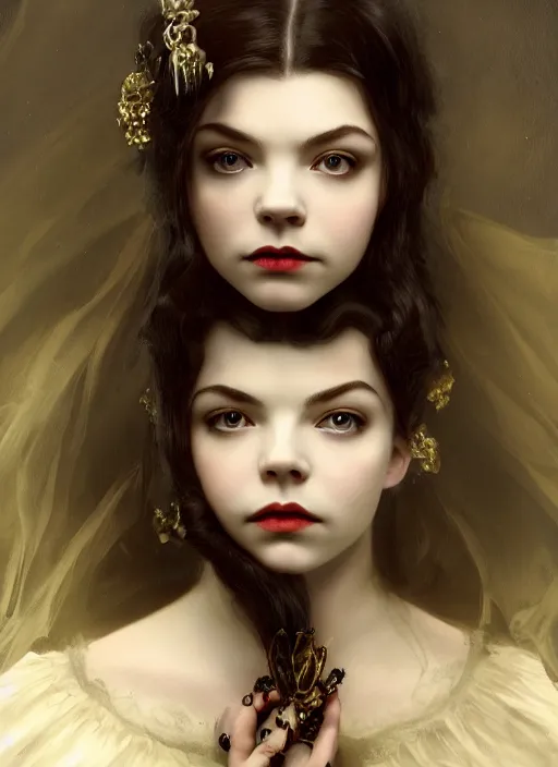 Image similar to a portrait of an elegant beautiful dark bohemian vampire woman, smooth face, glamour shot, (Anya Taylor-Joy), bored, illustration, dramatic lighting, soft details, painting oil on canvas, art nouveau, octane render, HDR, 4k, 8k, HD, by Edmund Blair Leighton, Brom, Charlie Bowater, trending on artstation,