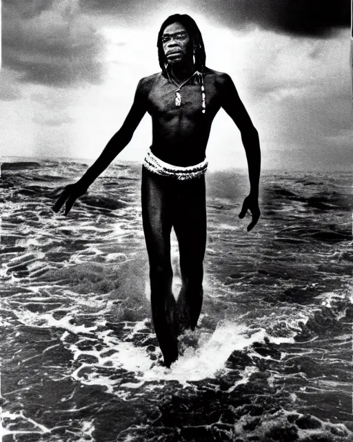 Prompt: Fela Kuti emerging from deep ocean waves, under a stormy sky, c1976, photography by Annie Liebowitz