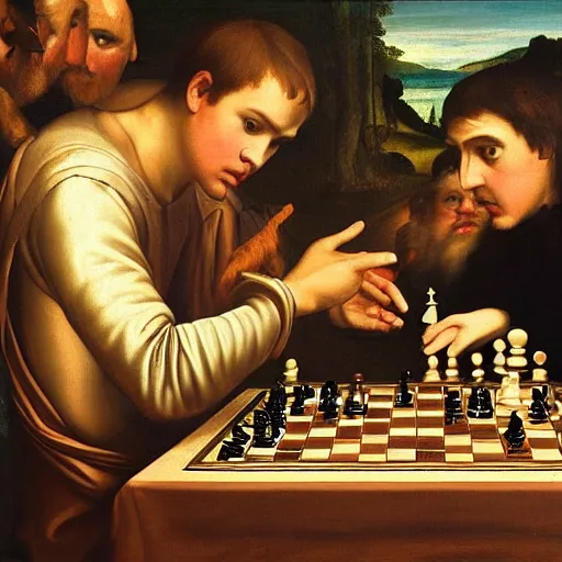 Prompt: renaissance painting of magnus carlsen playing chess