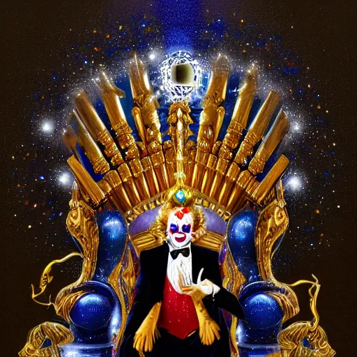 Image similar to shining giant throne made of millions of diamonds, gold and sapphires with thousands of light reflections, and a clown on a tuxedo suit is sitting on the throne while handing an earth globe, dramatic light, digital painting, ultradetailed, artstation, oil painting