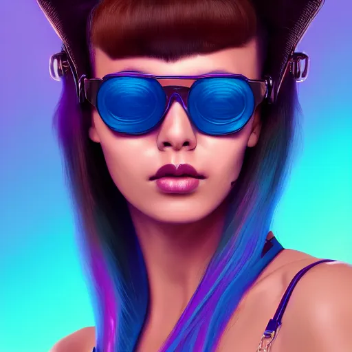 Prompt: closeup painting of a very beautiful young mexican cyberpunk woman with a smirk, wearing light blue shutter shades and a purple leather collar, one side haircut, long brown hair with light blue ends, portrait, hyperdetailed, artstation, cgsociety, 8 k, synthwave by tangerine dream