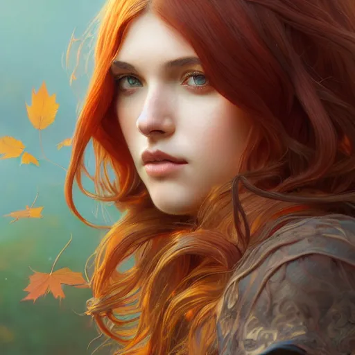 Image similar to girl with super long hair, hair becoming autumn red leaves, intricate, highly detailed, digital painting, artstation, concept art, smooth, sharp focus, illustration, unreal engine 5, 8 k, art by artgerm and greg rutkowski and alphonse mucha