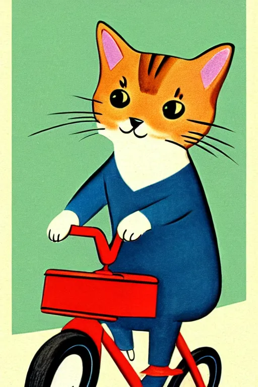 Image similar to a 1 9 5 0 s retro illustration. a cat riding a bike. by richard scarry. muted colors, detailed
