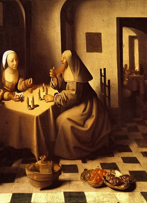 Image similar to a candlelit table at the inn, two people sitting at the table, swirling smoke, dark smoke, realistic, in the style of leonardo da vinci, dutch golden age, amsterdam, medieval painting by jan van eyck, johannes vermeer, florence