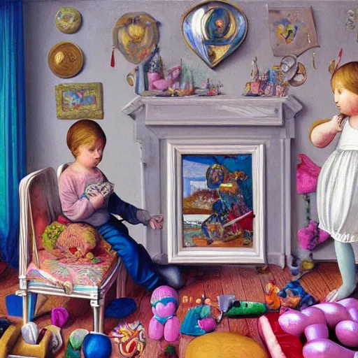 Prompt: hyperdetailed elaborate minimalist photorealistic modern painting of a child in a room full of elaborated rich maximalist toys. in the style of Caravaggio with flemish baroque details, vibrant shiny textures in soft pastel tones. matte background. HD 8x