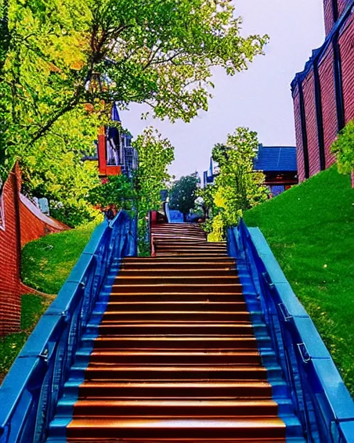 Image similar to golden staircase ascending towards the green staircase ascending towards the blue staircase ascending towards the red brick staircase ascending towards the moon