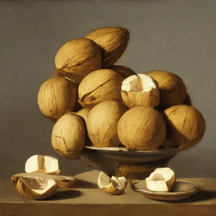 Image similar to still life painting of halved coconuts by pieter claesz, oil on canvas, strong lighting, highly detailed, hyper realism, golden hour, god rays, hd, 4 k