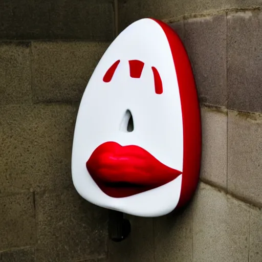 Image similar to a urinal in the shape of a mouth with red lips, white teeth and a tongue