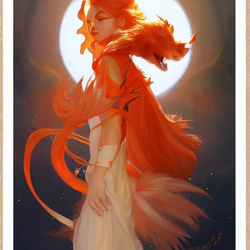 Image similar to japanese fox goddess, d & d, nine tails, orange and white color palette, highly detailed, digital painting, artstation, concept art, sharp focus, illustration, cinematic lighting, art by artgerm and greg rutkowski and alphonse mucha