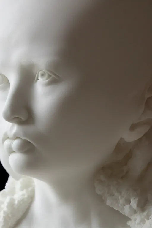 Image similar to close up of full head and shoulders, beautiful female porcelain sculpture by daniel arsham and raoul marks, smooth, all white features on a white background, delicate facial features, white eyes, white lashes, all twisted around, detailed white 3 d giant poppies on the head
