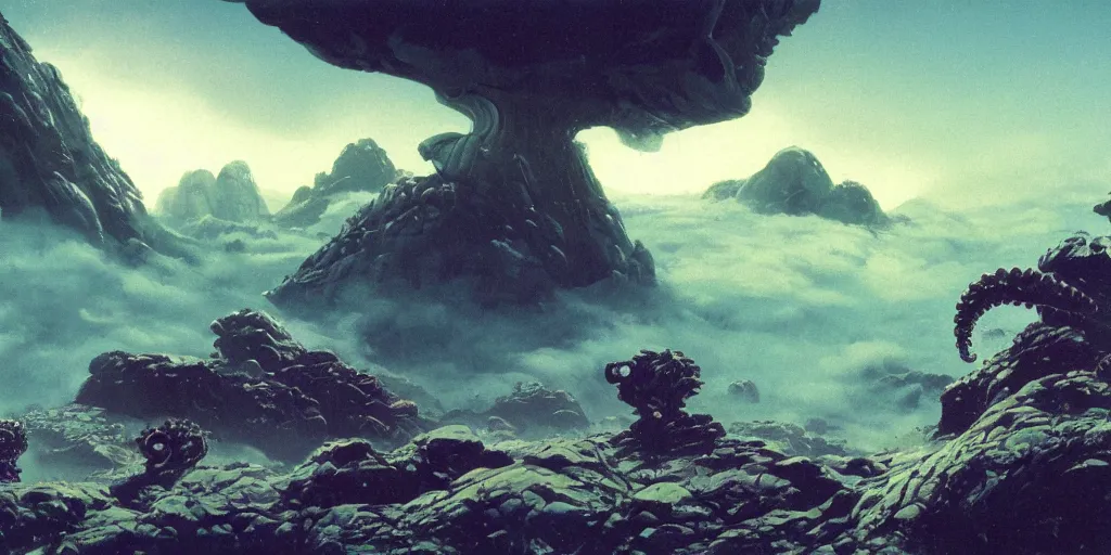 Image similar to ”rising from a round pool while being chased by tentacles, rugged alien planet with rocks, mountains in the background in a blue fog, side-view, [epic, cinematic, establishing shot, far, paul lehr, rutkowski]”