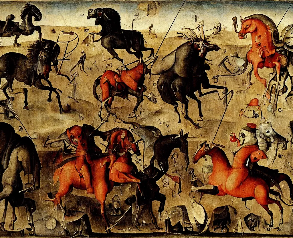 Image similar to the four horsemen of the modern apocalypse by hieronymus bosch