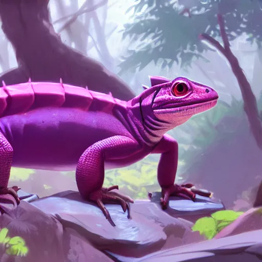 Image similar to concept art painting of an anthropomorphic lizard wearing magenta wizard robes, in the deep forest, realistic, detailed, cel shaded, in the style of makoto shinkai and greg rutkowski and james gurney