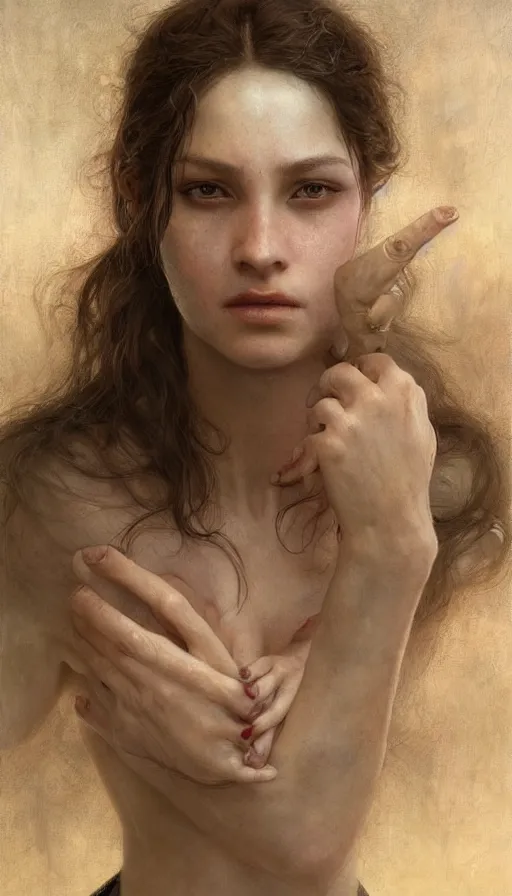 Image similar to epic masterpiece mila jovovic, sweaty skin, hyperrealistic, octane render, cinematic, beautiful face and flawless skin, perfect hands, 5 fingers, by Edgar Maxence and Ross Tran and Michael Whelan, Legends of Runeterra