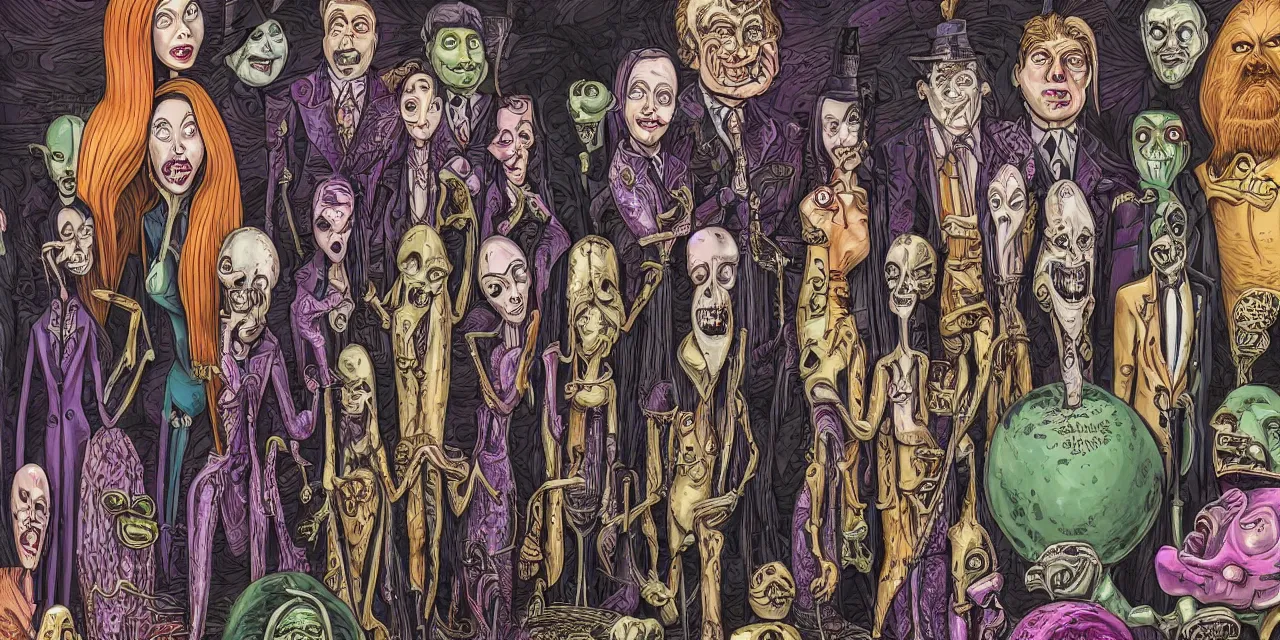 Image similar to a highly detailed image of a addams family style illustration, rich colors, surreal aliens meet the last super part 2