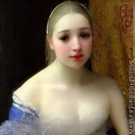 Image similar to a young woman’s face, her hair is white, she wears a long flowing blue satin veil, by ivan aivazovsky and pieter claesz and paul delaroche and alma tadema and august malmstrom and and willen claesz heda and aelbert cuyp and gerard ter borch, detailed, hyperrealistic, volumetric light, rendered in octane, rendered in redshift, c4d, agfa optima 200