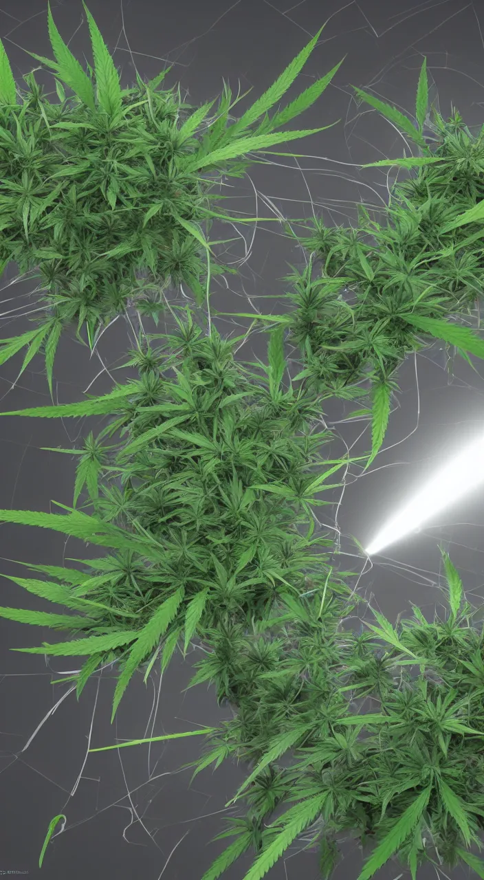 Image similar to a high-energy quark-gluon plasma vacuum reactor with a weed core. Photorealistic. Very detailed. High energy physics. cannabis. Rendering VRay. Unreal Engine, 8K, 3D