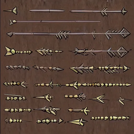 Prompt: [ feathered wooden arrows with steel tip ] [ unity 2 d ] [ spritesheet ] [ video game assets ]