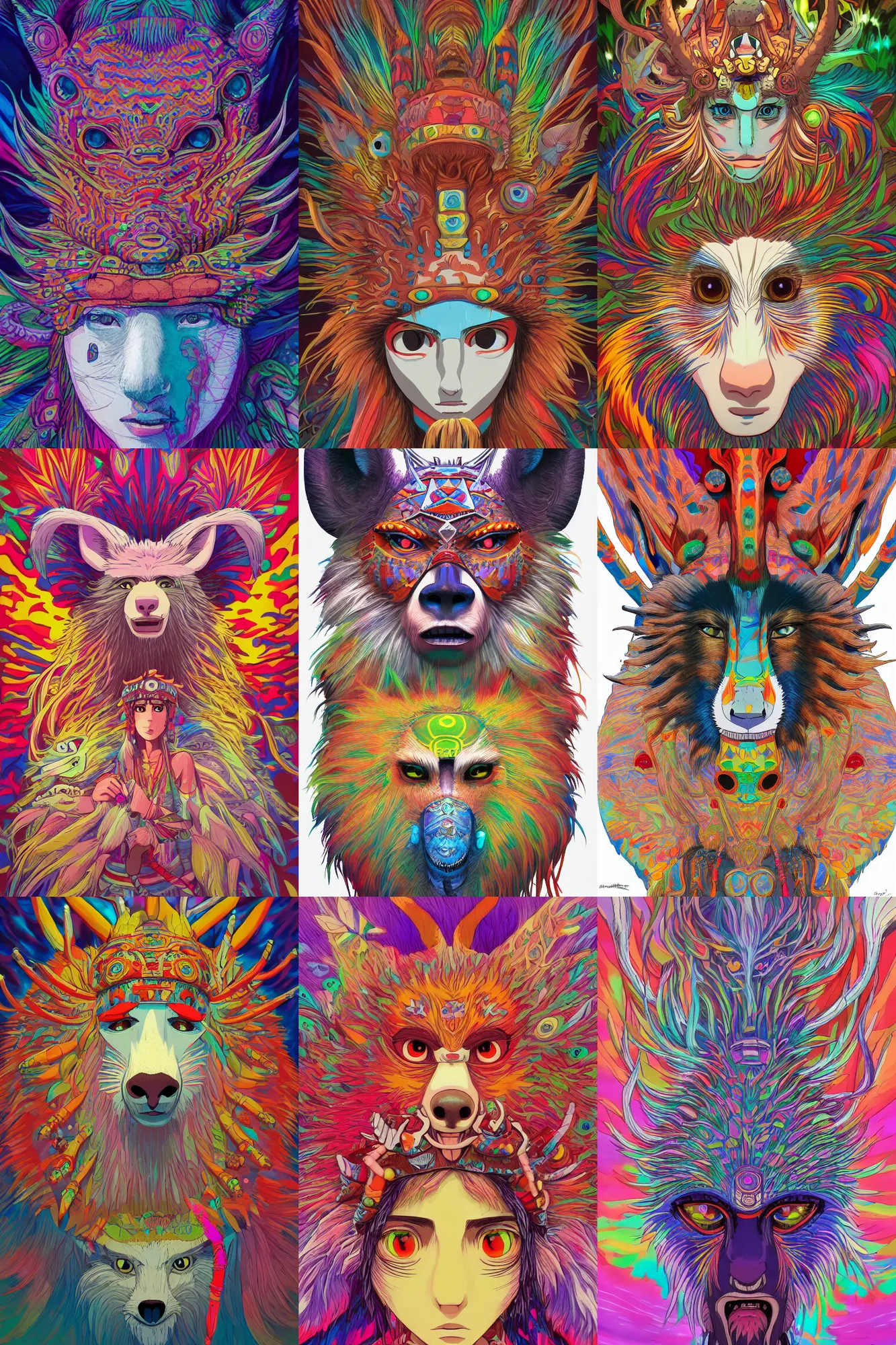 Prompt: a colorful vibrant 3 d portrait of princess mononoke from studio ghibli, intricately detailed, symmetric, tribal psychedelic, colorful flat surreal design, hd, 8 k, artstation