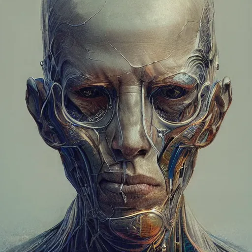 Prompt: centered front face portrait art of an ultradetailed evil neuronal cyborg, by greg rutkowski and Zdzisław Beksiński, illustration, photorealistic, 8k, intricate, futuristic, dramatic light, trending on cg society