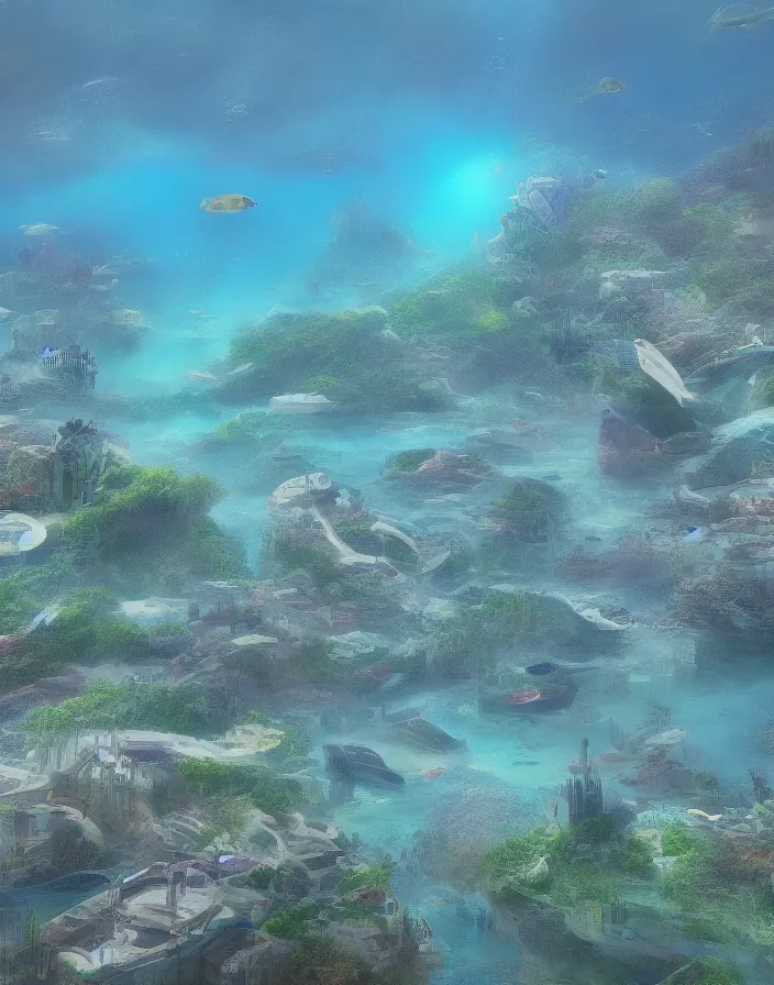 Image similar to landscape underwater utopian city on the ocean floor, 8k, hyper realism.