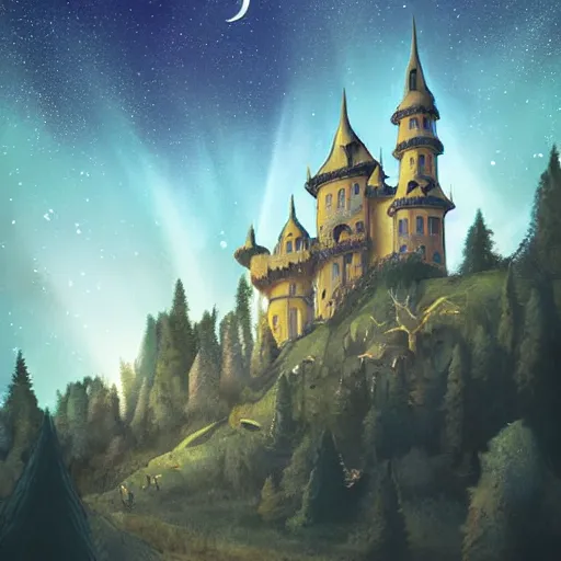 Prompt: a renaissance castle in a forest with a glowing night sky, upward angle, by ross tran