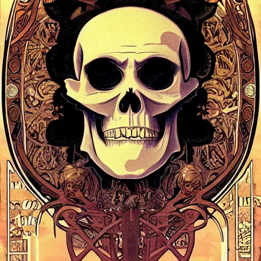 Image similar to anime manga skull portrait apes monkey skeleton illustration detailed style by Alphonse Mucha Moebius pop art nouveau