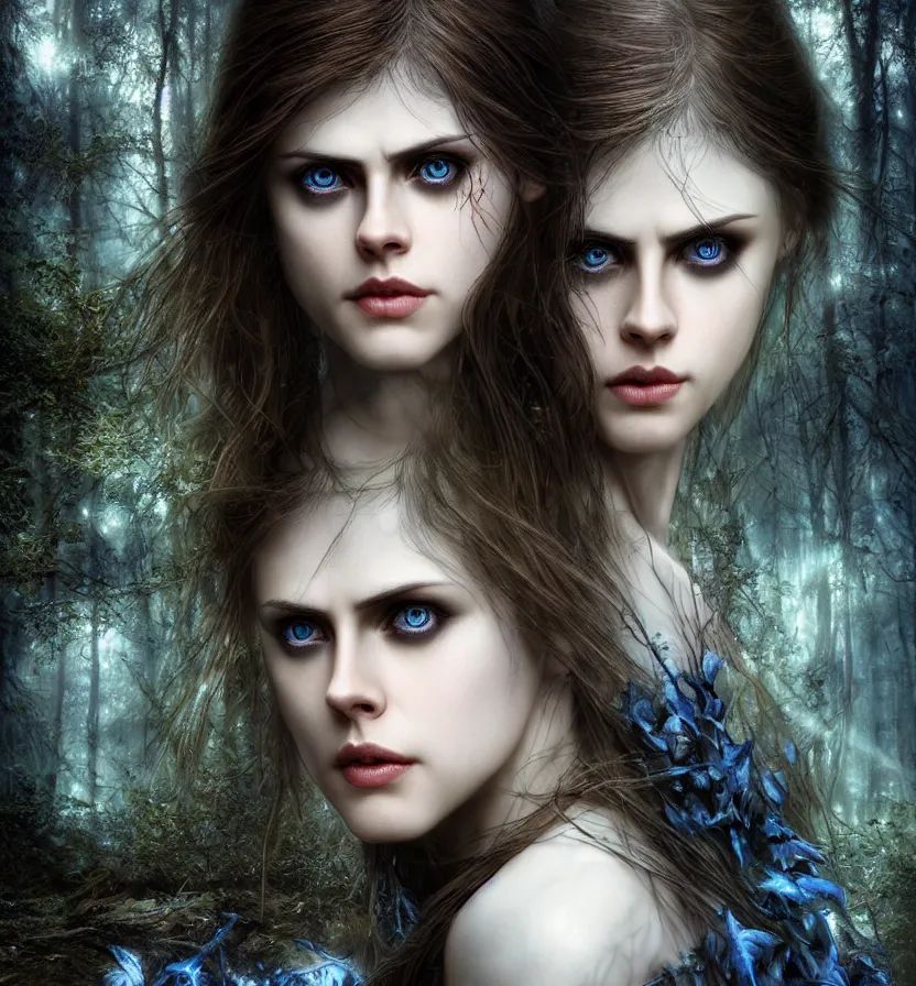 Image similar to photo of a gorgeous nordic female, covered in blue blood, in a dark forest, alexandra daddario face!, realistic, sharp focus, 8 k high definition, insanely detailed, intricate, elegant, art by stanley lau and artgerm, luis royo, greg kutkowski