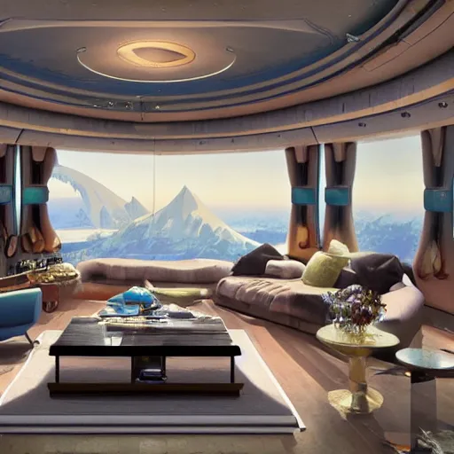 Image similar to a luxury living quarters living room in the 23rd century with a view from a singular window 10km high in space elevator, low contrast, ivan laliashvili, Studio Ghibli and Shinkai Makoto, D render